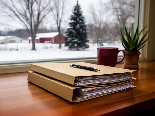 A neat stack of closed manila folders and a pen on a desk by a window.