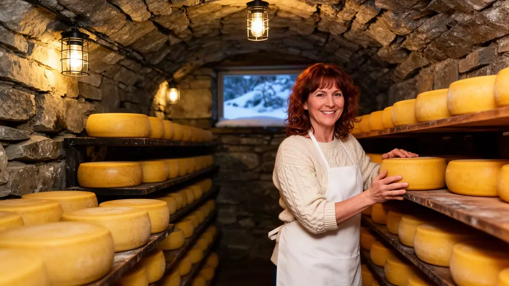 A smiling cheesemaker in a white apron turning a golden cheese wheel on wooden shelves in a stone aging cellar.